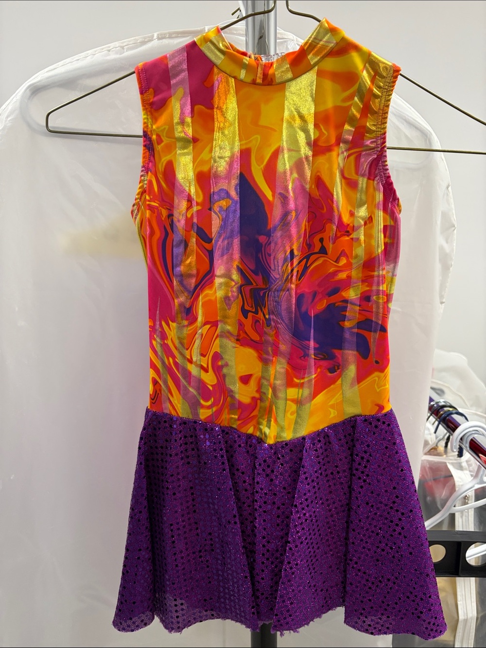 Girls' Neon Swirl Dance Costume with Purple Skirt
